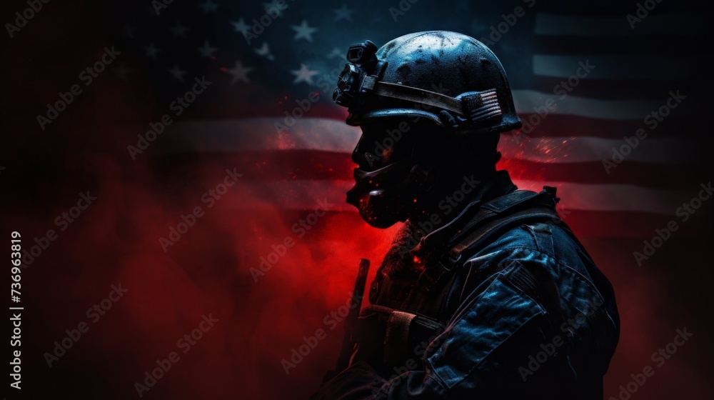 Red Silhouette: Stoic Soldier with American Flag - Patriotic Stock Photography