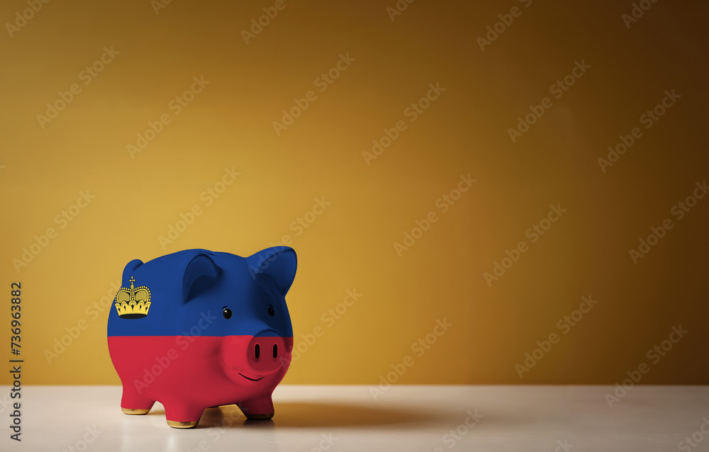 Piggy bank with painting of Liechtenstein flag. The problem is in the economy. Economic crisis. Saving money concept. Piggy bank with painting of Liechtenstein flag. The problem is in the economy. Economic crisis. Saving money concept.