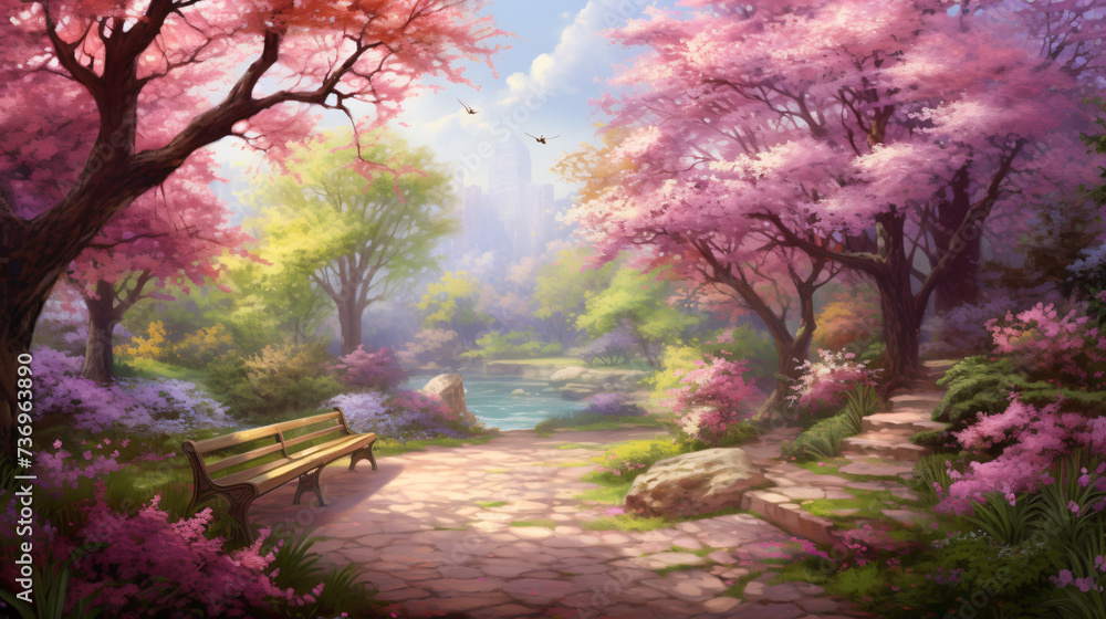 A painting of a path in a park with pink flowers.