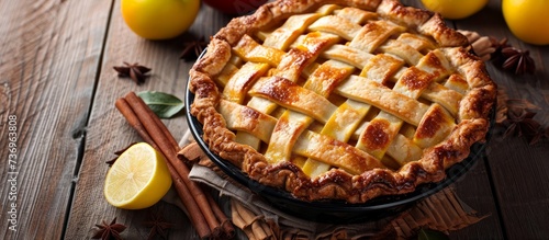 A crostata made with Meyer lemon filling, topped with cinnamon sticks, sits on a wooden table surrounded by fresh lemons and citrus ingredients photo