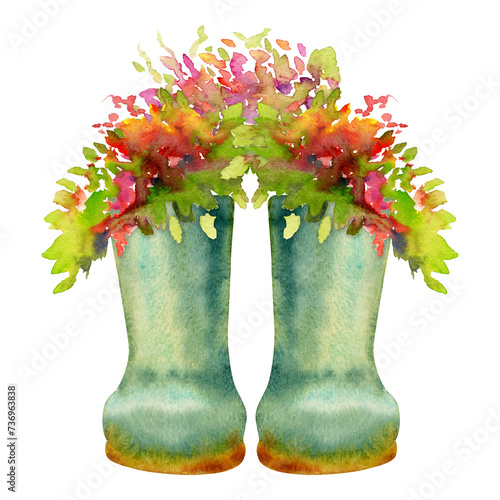 Hand drawn watercolor illustration spring gardening shoes, green rubber boots with flowers and leaves. Composition isolated on white background. Design print, shop, scrapbooking, packaging, decoupage