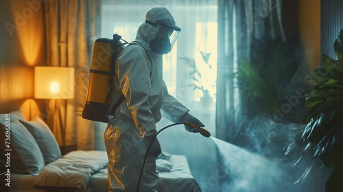 Man in a White Suit Spraying a Bed photo