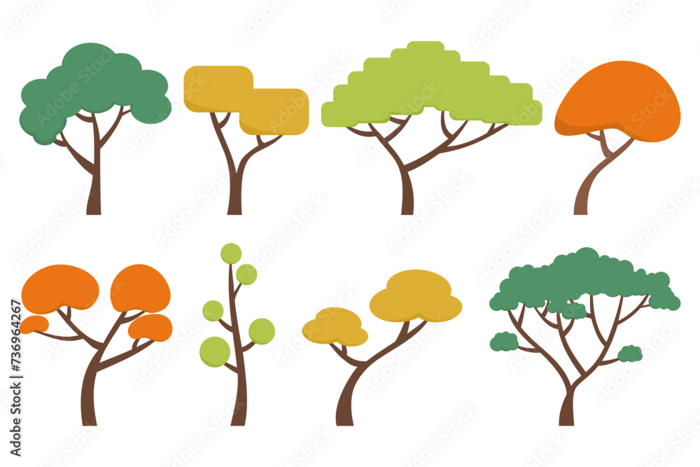 Fototapeta premium Collection of deciduous and evergreen plants isolated on a white background. Set of various types of trees. Vector illustration flat design style