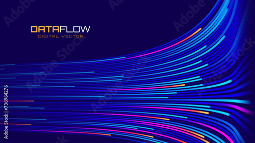 Digital Data Flow Vector Background. Big Data Technology Lines. 5G Wireless Data Transmission. High Speed of Light Trails. Information Flow in Virtual Reality Cyberspace. Vector Illustration.