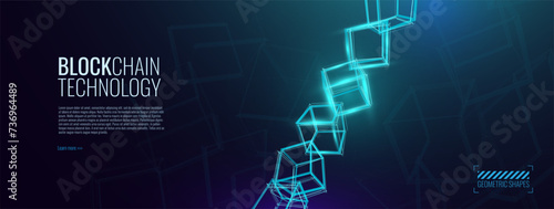 Blockchain Technology Abstract 3D Cubes Blocks Background. Crypto Currency, Fintech Concept. 3D Wireframe Blocks Network Connections. Future Finance System Concept. Vector Illustration.