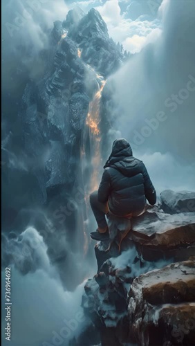 young girl sitting on the edge of a cliff watching a huge waterfall,generative ai photo