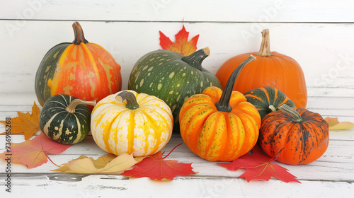 Fall Harvest - Colorful Pumpkins and Gourds Arranged on White Wooden Surface  Autumn Leaves Accents  Ideal for Seasonal Backgrounds  Thanksgiving Decorations or Halloween Themed Promotions