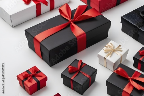 red gift box, black gift box with ribbon