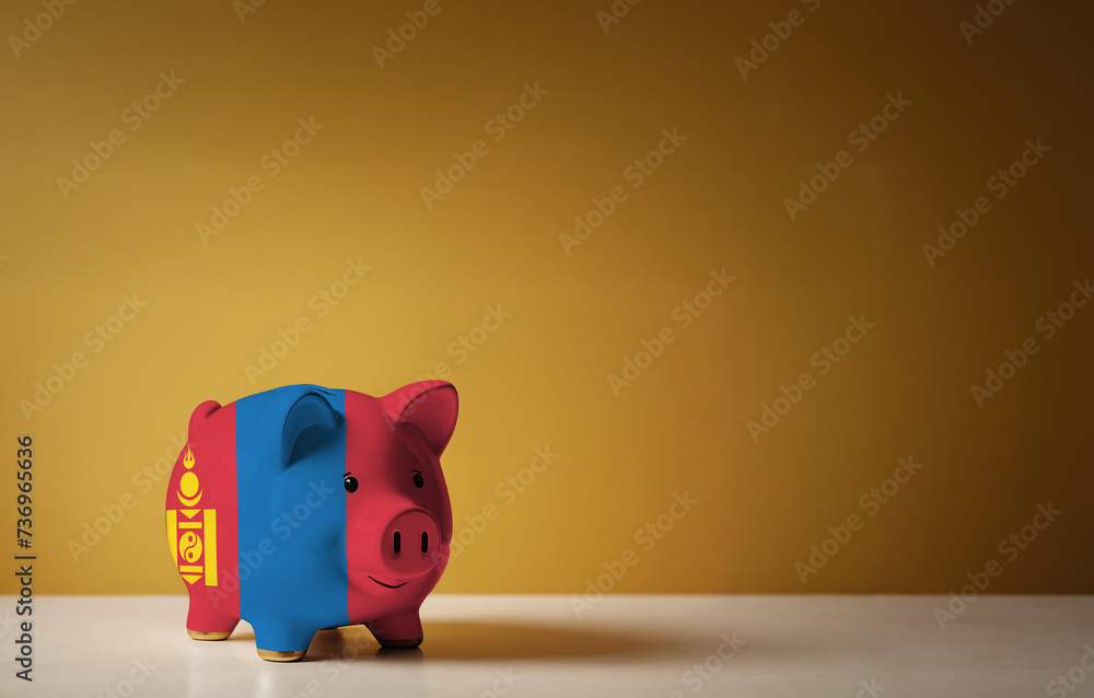 Piggy bank with painting of Mongolia flag. The problem is in the economy. Economic crisis. Saving money concept. Piggy bank with painting of Mongolia flag. The problem is in the economy. Economic crisis. Saving money concept.