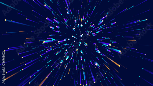 Digital Data Flow Vector Background. Big Data Technology Lines. 5G Wireless Data Transmission. High Speed of Light Trails. Information Flow in Virtual Reality Cyberspace. Vector Illustration.