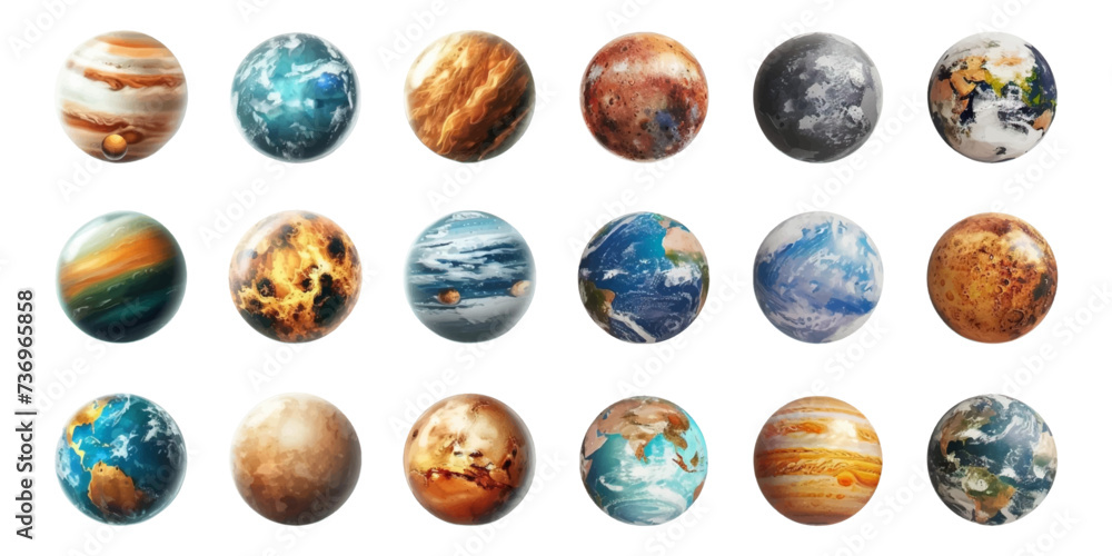 Set of planets on white background