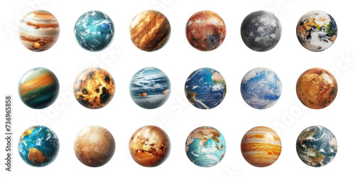 Set of planets on white background