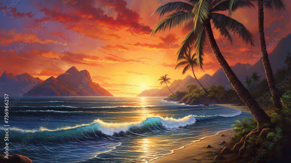 Painting of a tropical sunset with palm trees.