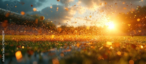 Golden confetti flutters over a sunlit soccer stadium photo