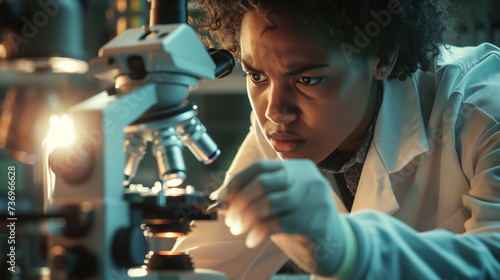 Close-up of a researcher in a lab coat examining a microscope, bathed in the soft glow of scientific equipment photo