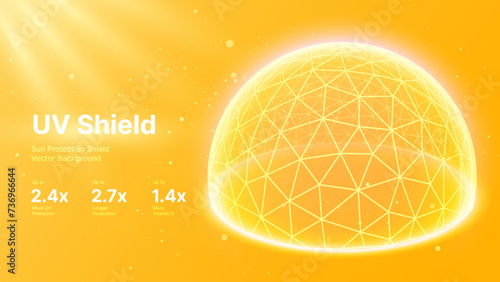 Sun Protection Futuristic Glowing Shield. 3D Sphere Bubble Shield from Ultraviolet Light. Game Hi Tech Dome. Solar Protection Screen. UV Radiation Safety Concept. Summer Vector Illustration.