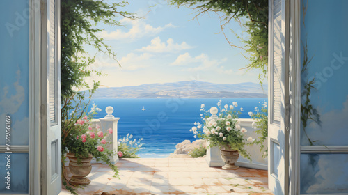 Painting of an open door leading to a beach view.