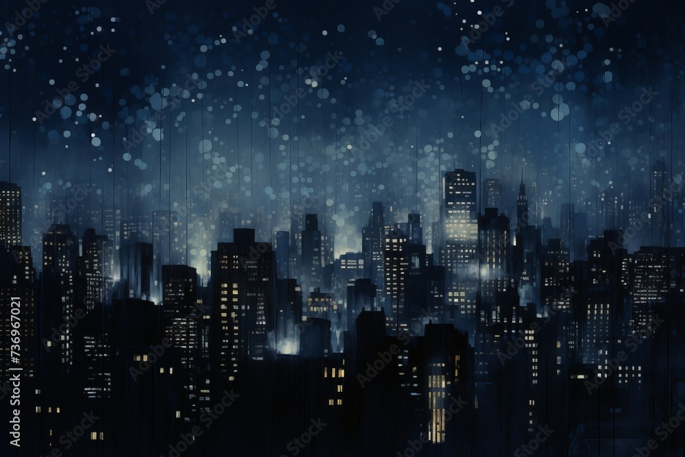 Urban Nightlife Captured in an Abstract Dark Blue Cityscape, Featuring Dots of Light Reminiscent of City Windows, Generative AI