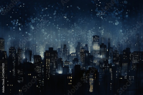 Urban Nightlife Captured in an Abstract Dark Blue Cityscape  Featuring Dots of Light Reminiscent of City Windows  Generative AI
