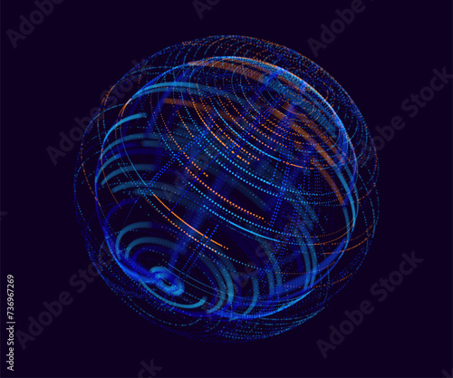 Abstract Neon 3D Tech Sphere. Global Network Connections. Cyberpunk Globe Grid HUD Design Element. Futuristic Earth Hologram. Vector Technology Sci Fi Illustration.