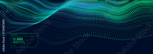 Digital Data Flow Vector Background. Big Data Technology Particles. Tech Business Backdrop. Dots Grid Waves Landscape. Information Flow in Virtual Reality Cyberspace. Vector Illustration.