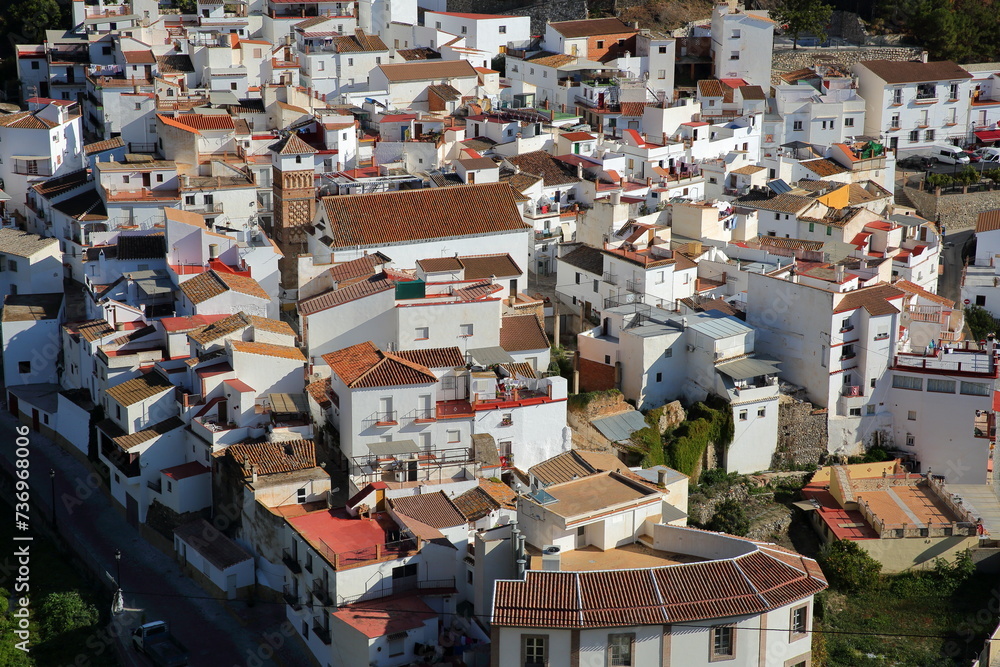 Aerial view of the village of Archez, Axarquia, Malaga province, Andalusia, Spain, with whitewashed houses and its minaret which shows the Arabic heritage of the village