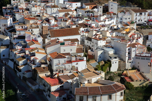 Aerial view of the village of Archez, Axarquia, Malaga province, Andalusia, Spain, with whitewashed houses and its minaret which shows the Arabic heritage of the village