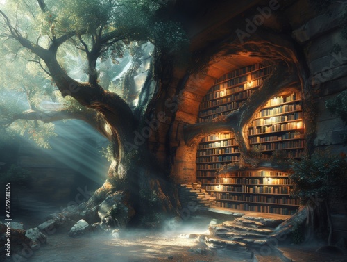Ancient library in a giant tree magical books glowing ethereal mist