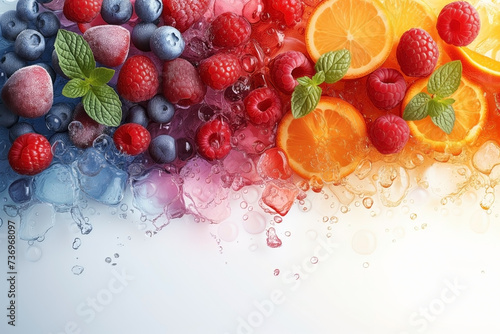 Pattern of fresh berries and fruits on a white background