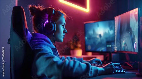 Neon-lit gaming den, player deeply absorbed in virtual world, cutting-edge tech
