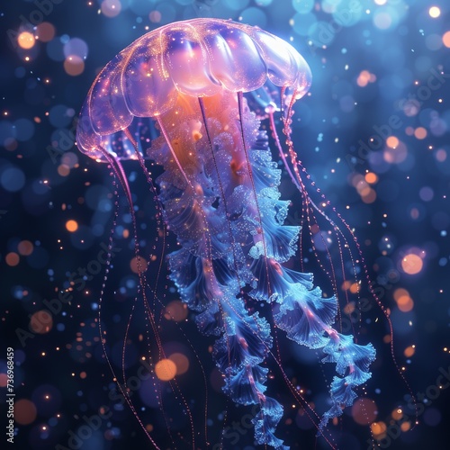 Luminous jellyfish with butterfly wings under deep sea lights Ethereal beauty photo