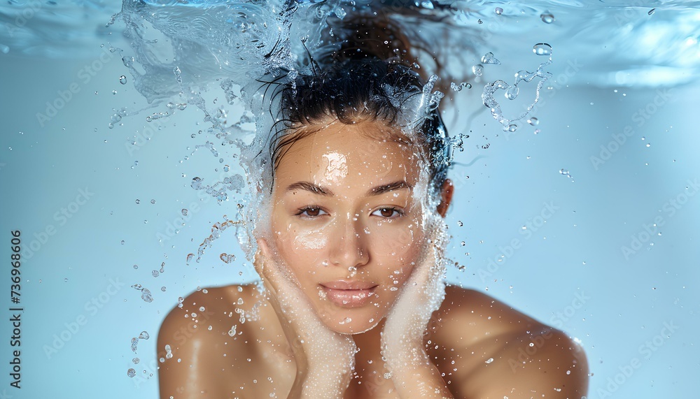woman splashing her face with water for a skincare concept. woman washing her face while looking into the camera. self care and skin hydration concept