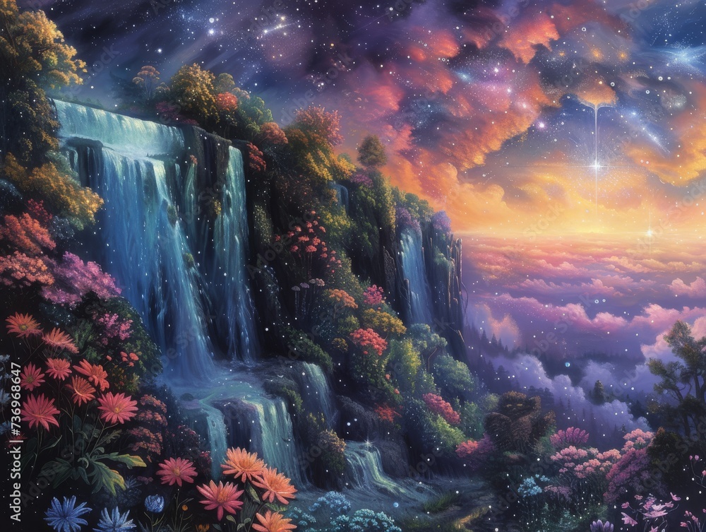 Space oasis alien flora crystal waterfalls distant galaxies overhead