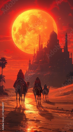 Sunset desert mirage of an ancient city camels silhouette golden sands