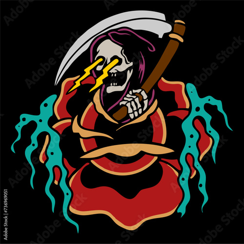 vector illustration of grim reaper skull screaming lightning at rose flower