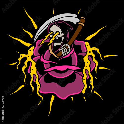 vector illustration of grim reaper skull screaming lightning at rose flower