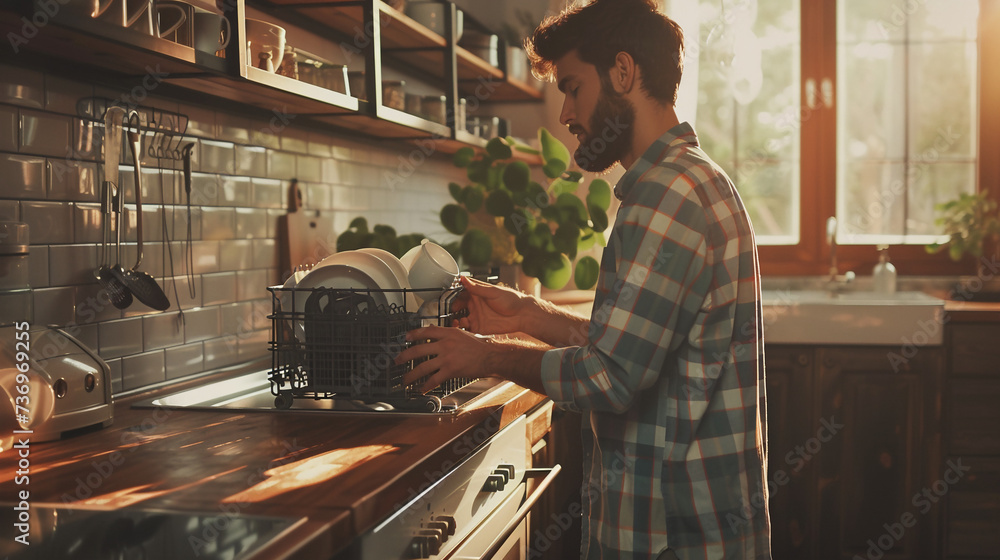A realism man is seen putting dishes in a dishwasher in the kitchen. This image can be used to depict household chores or kitchen organization A realism man is seen putting dishes in a dishwasher in the kitchen. This image can be used to depict household chores or kitchen organization
