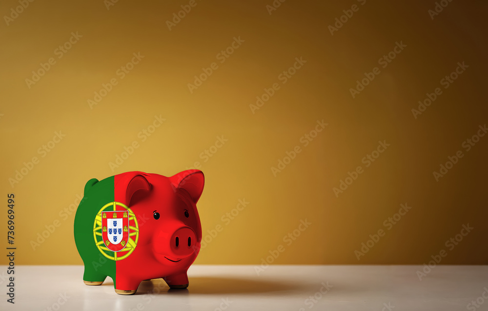 Piggy bank with painting of Portugal flag. The problem is in the economy. Economic crisis. Saving money concept. Piggy bank with painting of Portugal flag. The problem is in the economy. Economic crisis. Saving money concept.