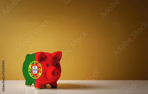 Piggy bank with painting of Portugal flag. The problem is in the economy. Economic crisis. Saving money concept.