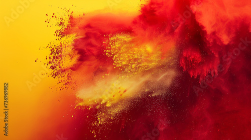 An explosive burst of vibrant red and yellow powders captured in mid-air, creating an intense and dynamic abstract composition