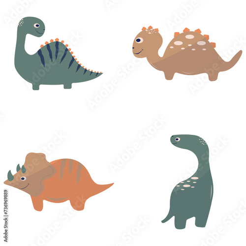 Adorable Dinosaurs Illustration, On White Background. Flat Cartoon Design. Isolated Vector