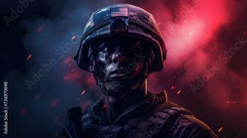 Intense Portrait of a Soldier - Dramatic Red Neon Glow and American Pride