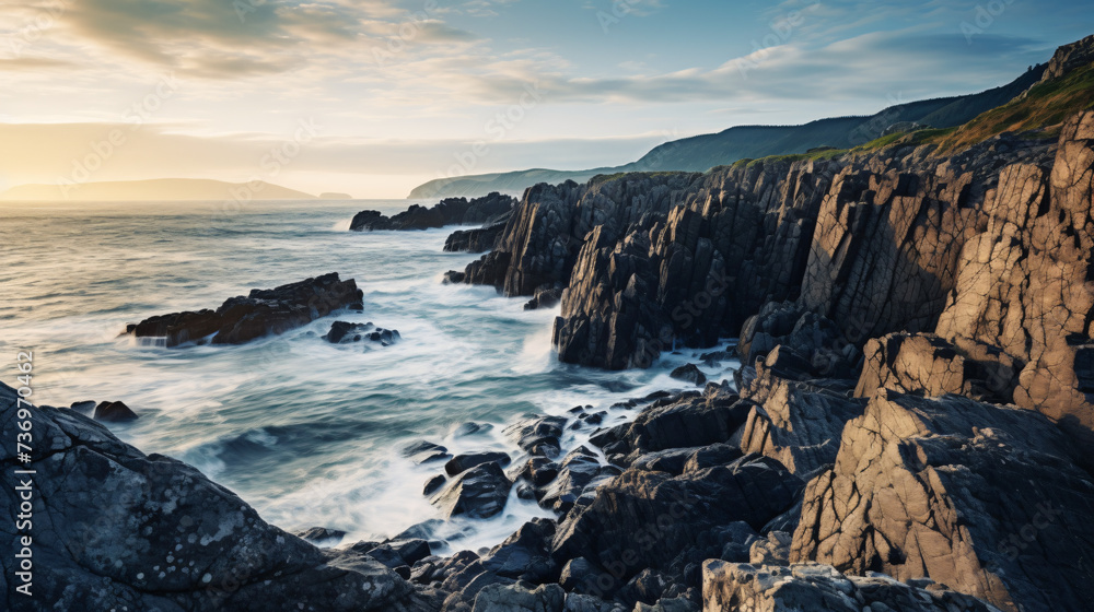 A photo of a rocky coast with the ocean in the background.