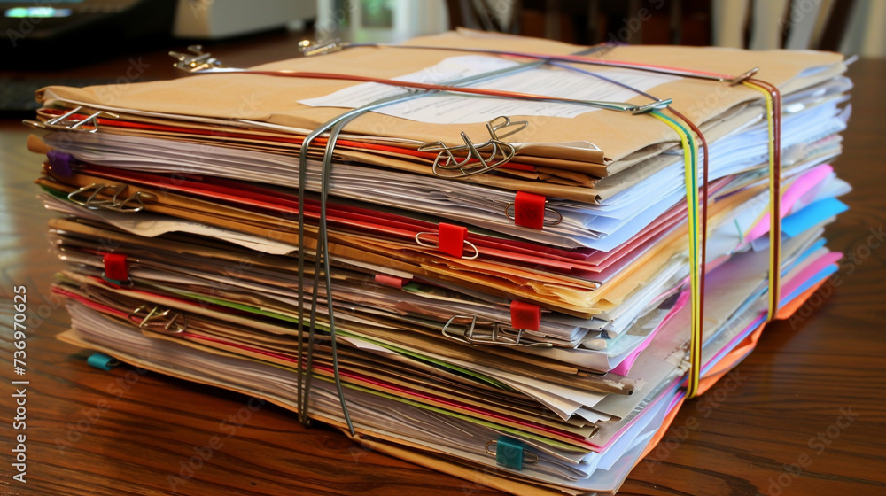 Fototapeta premium Close-up of a large stack of paperwork with binder clips on a wood desk