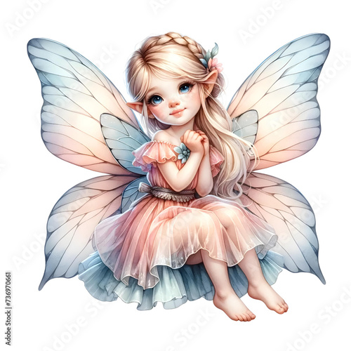 A delicate watercolor captures the enchanting essence of a cute fairy, radiating ethereal beauty and magical charm.