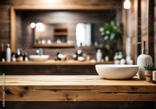 Wooden Plank Counter Table  Blurred Bathroom Sink Background for Product Display Montage