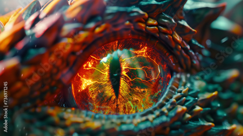 Close-up of Vibrant Dragon Eye. Detailed macro shot of a colorful dragon's eye, capturing the intricate textures and vivid colors. Creative Banner