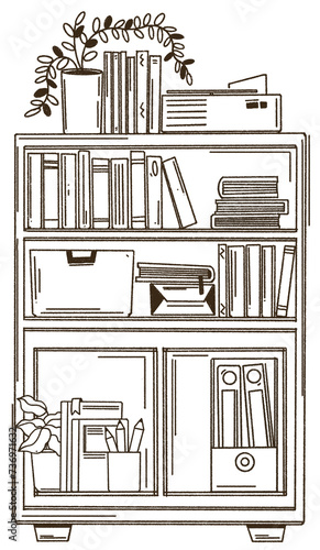 Bookshelf outline illustration, Books on the bookshelf, Hand drawn.