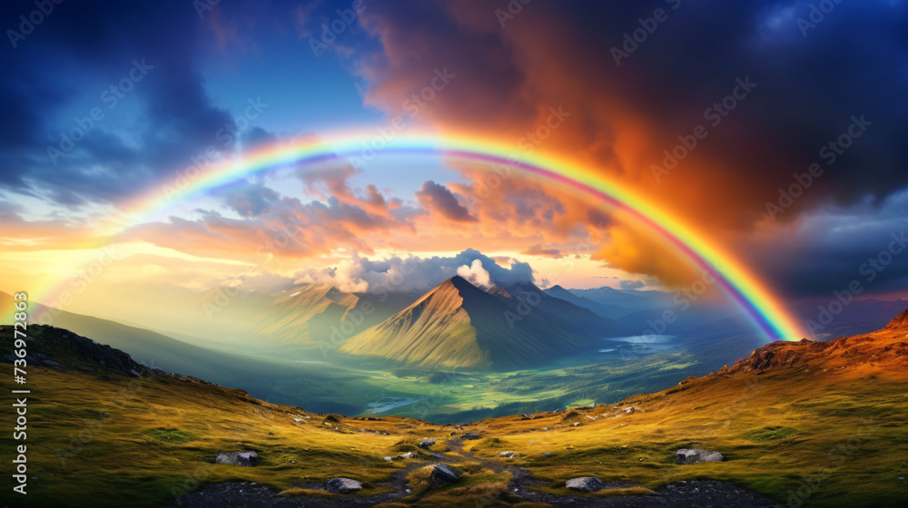A rainbow over a mountain