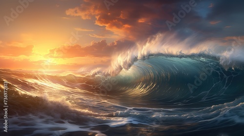 Painting of a sunset over a wave breaking on the ocean Generative AI